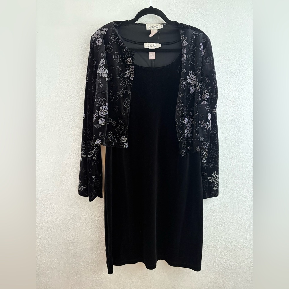 CDC Vintage Dress Jacket Set Womens Black Velour Floral Stretch 90s size 14